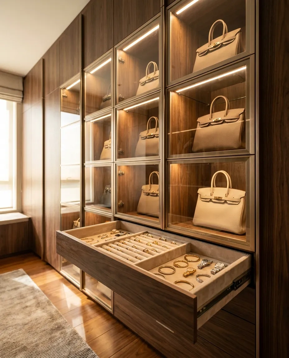Boutique-style closet display with glass shelves, lit handbag cubbies and a velvet-lined jewelry drawer