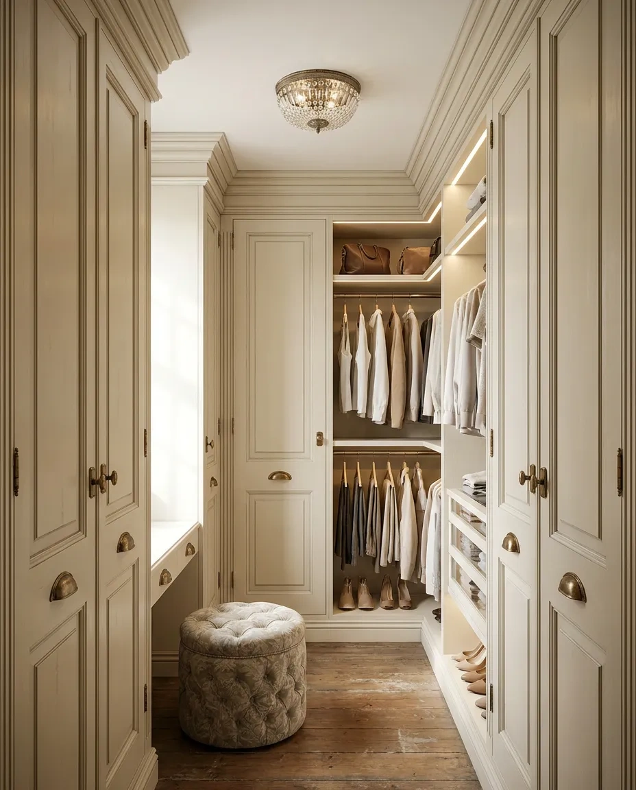 Cream painted closet cabinets with raised panels, crown molding and aged brass latches