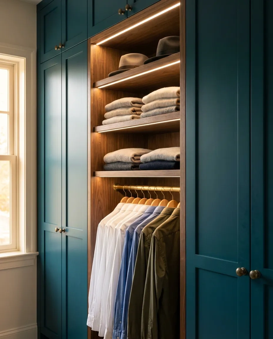 Deep teal painted shaker closet doors with antique brass knobs beside lit walnut shelves