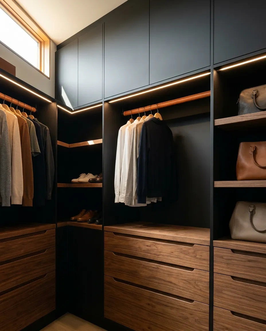 Matte black closet cabinets paired with walnut drawer fronts and a leather-wrapped hanging rod