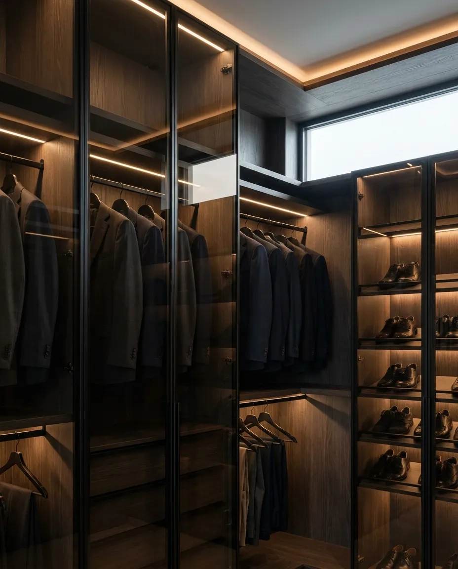 Smoked oak closet panels with thin black metal frames and bronze-tinted glass in low light