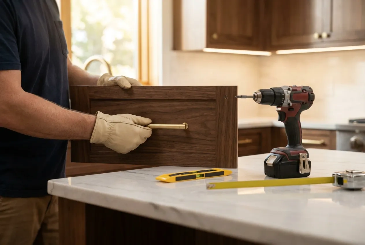 A finish carpenter’s hands fitting a brass pull to a walnut drawer front with a drill and a level