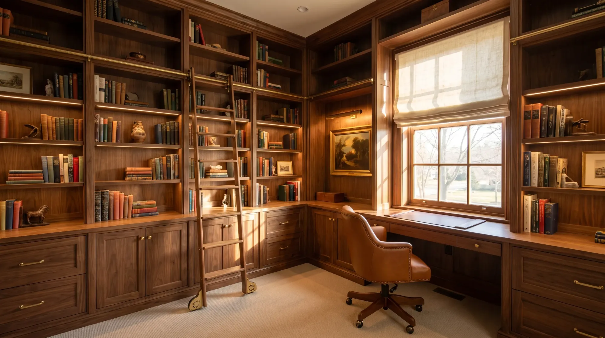 A library-style home office with walnut built-in bookcases, a rolling brass ladder and a leather desk chair