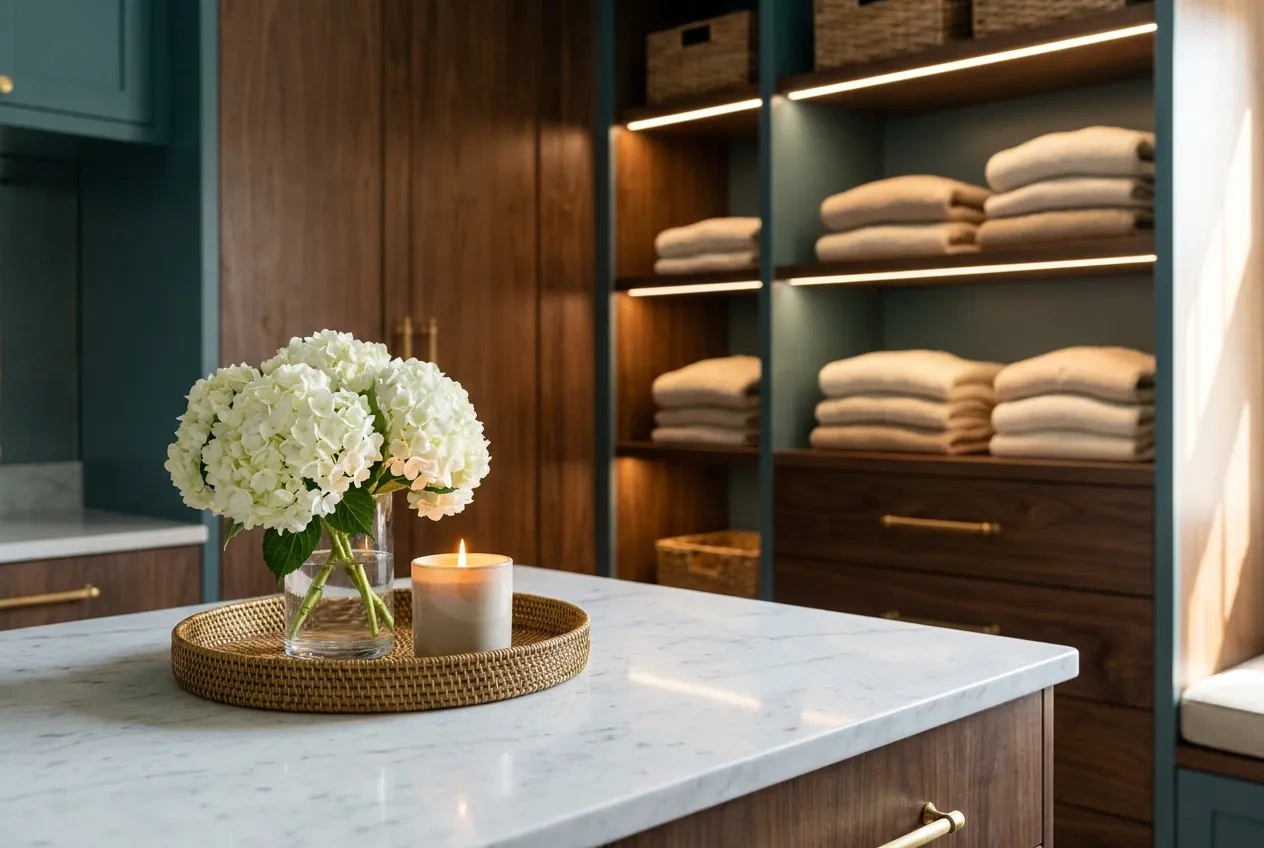 Close view of a marble closet island holding white hydrangeas and a candle on a brass tray, lit shelving behind