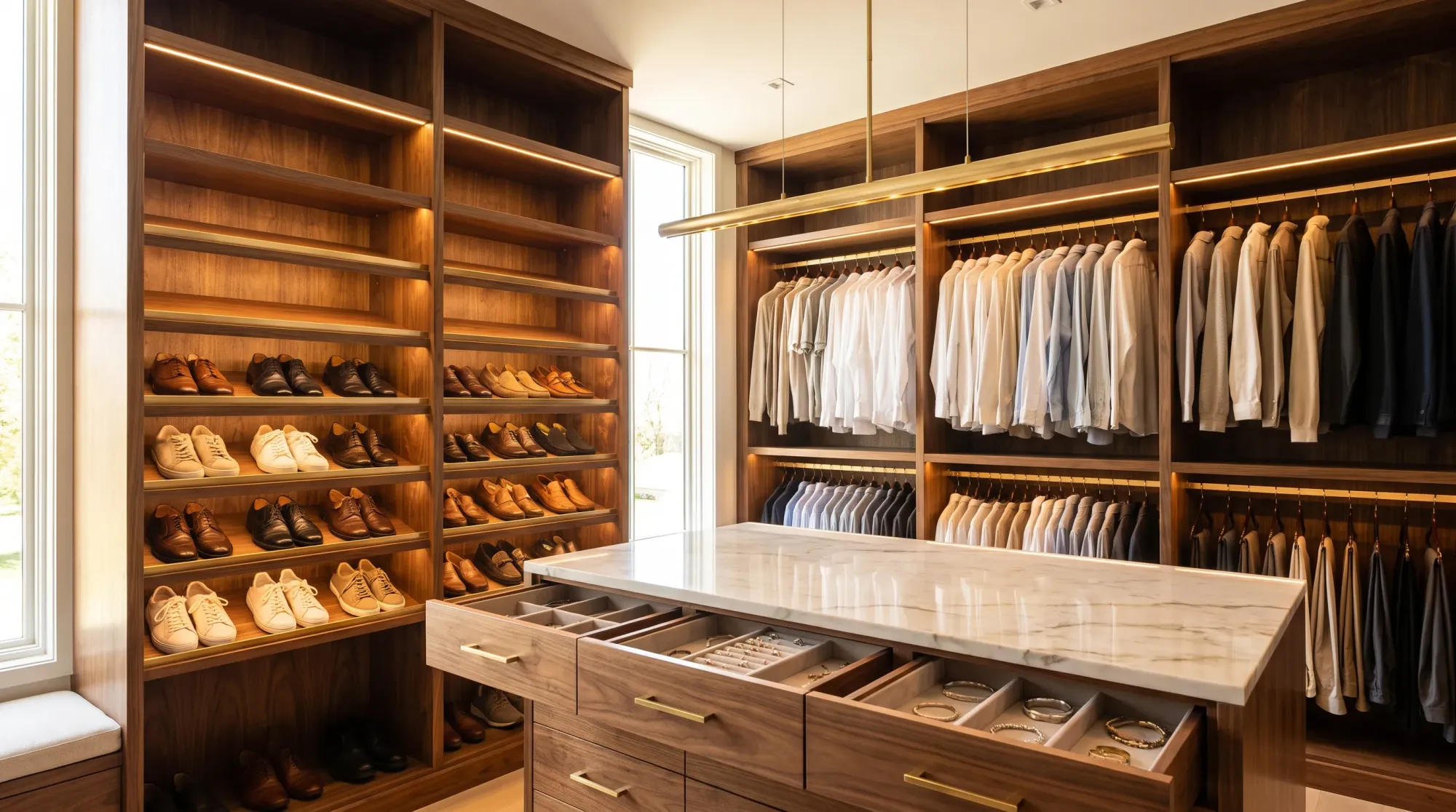 A primary walk-in closet with a lit walnut shoe wall, double-hang sections and a marble-topped island